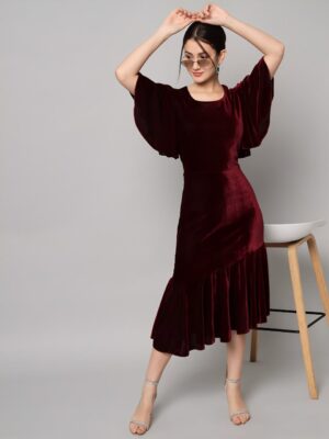 Round Neck Velvet A-Line Midi Dress