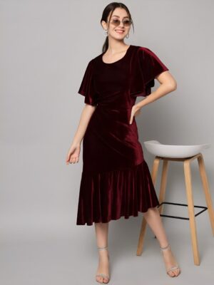 Round Neck Velvet A-Line Midi Dress