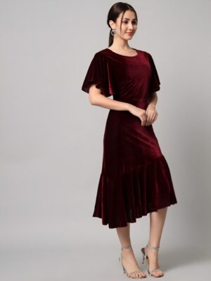 Round Neck Velvet A-Line Midi Dress