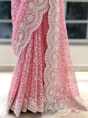 Party Wear Net Saree With Thread Work